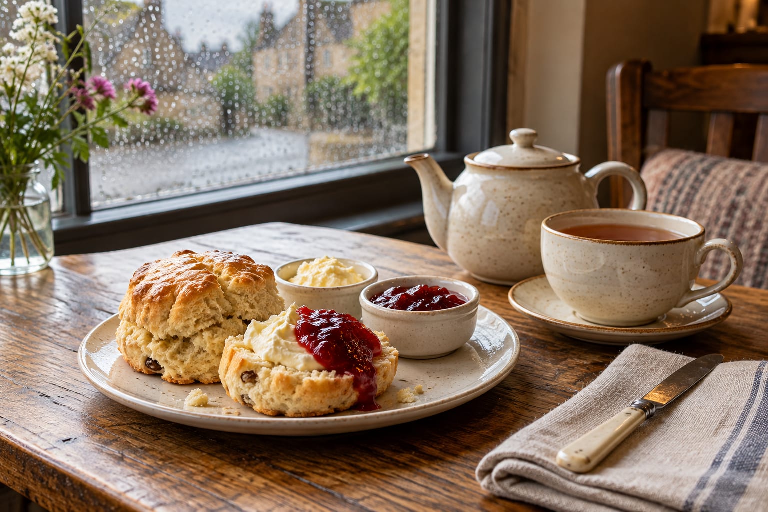 AI-created scene of tea, a scone, jam and cream beside a café window
