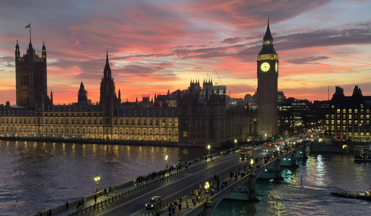 Westminster and the River Thames at sunset in London