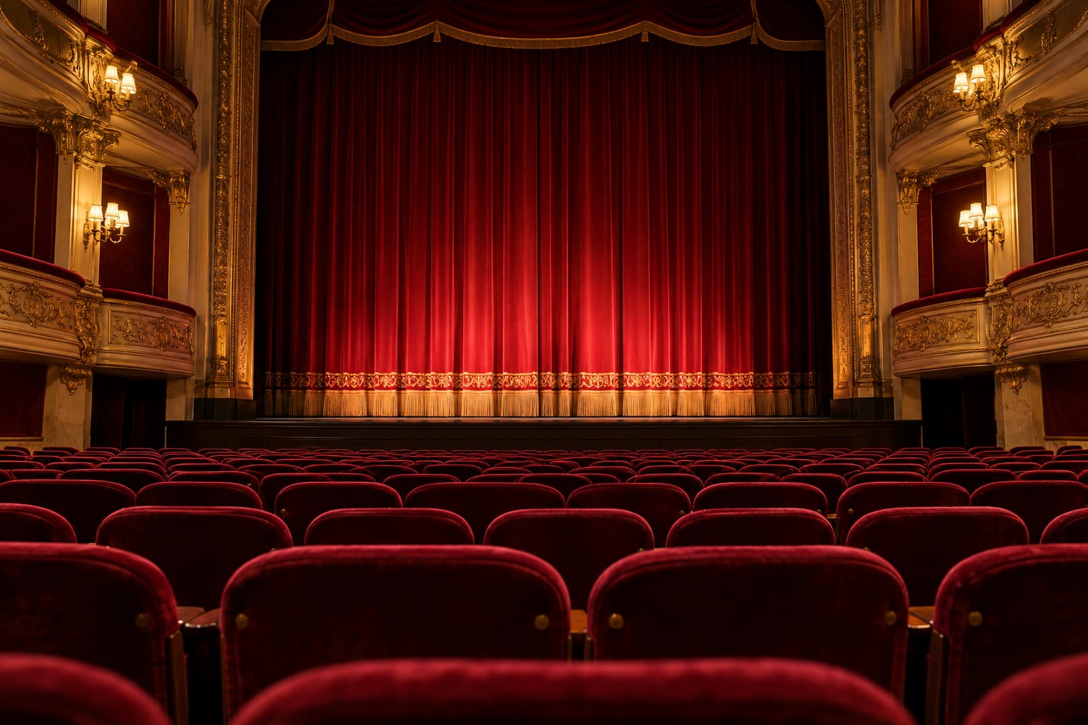 AI-created theatre interior with red velvet seats and a closed curtain