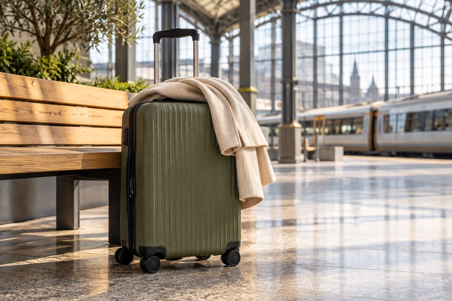 AI-created scene of a suitcase and coat beside a railway station bench